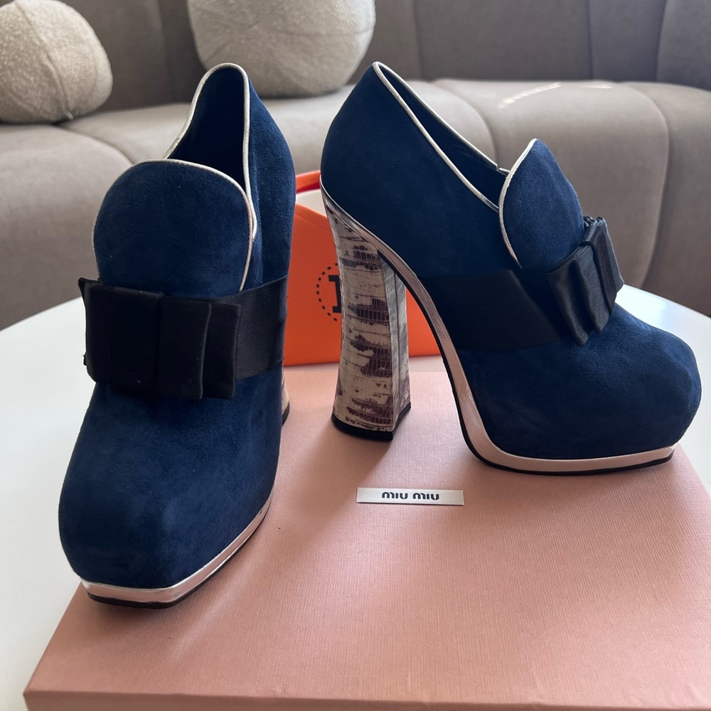 Miu Miu Blue Suede Heels with Black Accent